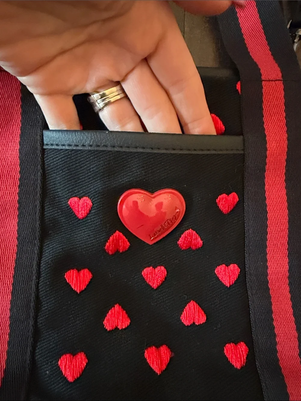 Luv Betsey by Betsey Johnson Black Tote with Red Heart Accents and Striped Strap